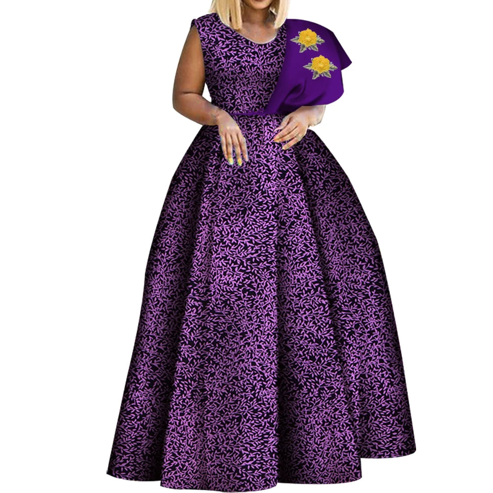 Bintarealwax Robes africaines Dashiki imprimées Bazin Robe de soirée asymétrique Robes africaines grande taille pour femmes WY3834