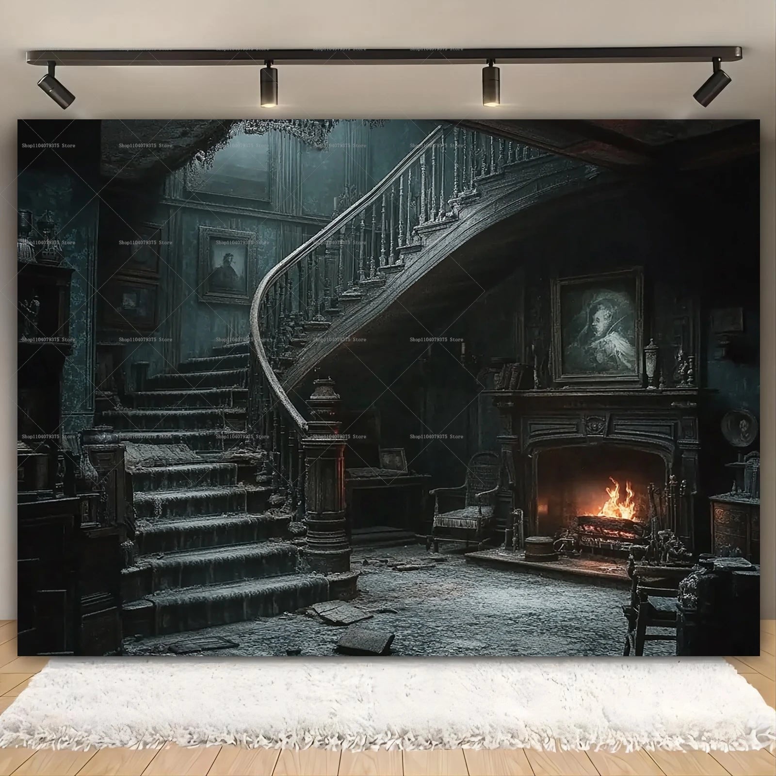 Château de style gothique Escalier Croix Photographie Fond Photo Décoration Fournitures Halloween Fête de famille Bannière de célébration