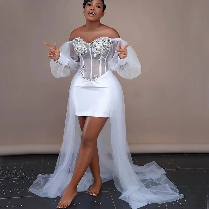 White Off-Shoulder Corset Wedding Dress | Long Sleeve Tulle Bridal Gown