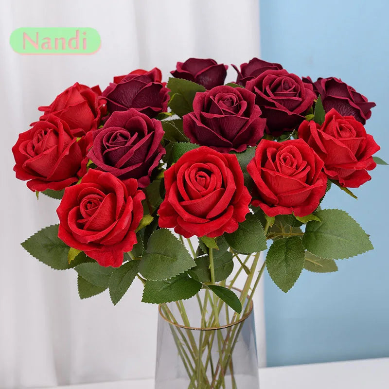 Velvet Artificial Rose Flowers for Wedding Décor & DIY (Set of 10)