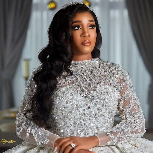 Robes de mariée A-Line de style arabe luxueux 2026, manches longues, grande taille, traîne bouffante, robe de soirée de princesse à paillettes scintillantes