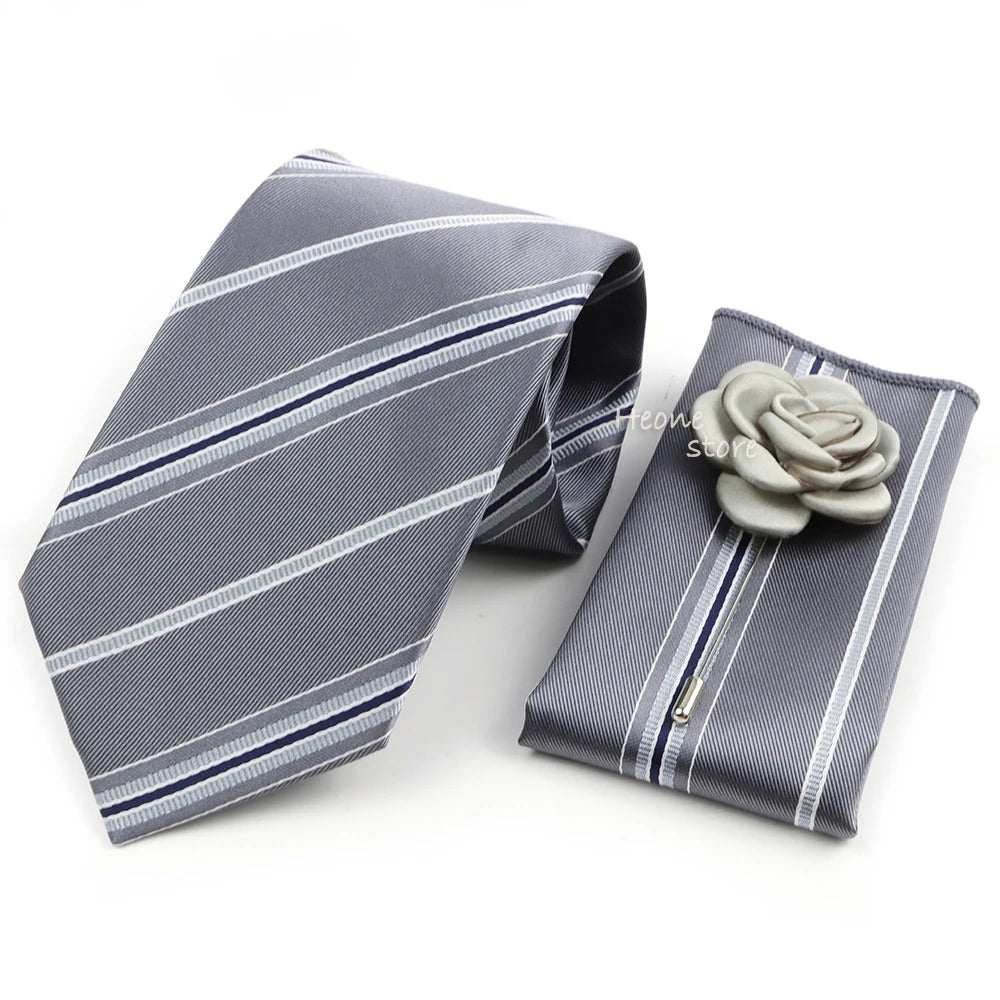 Men's Striped Necktie, Pocket Square & Brooch Set | Groom & Groomsmen Wedding Accessory
