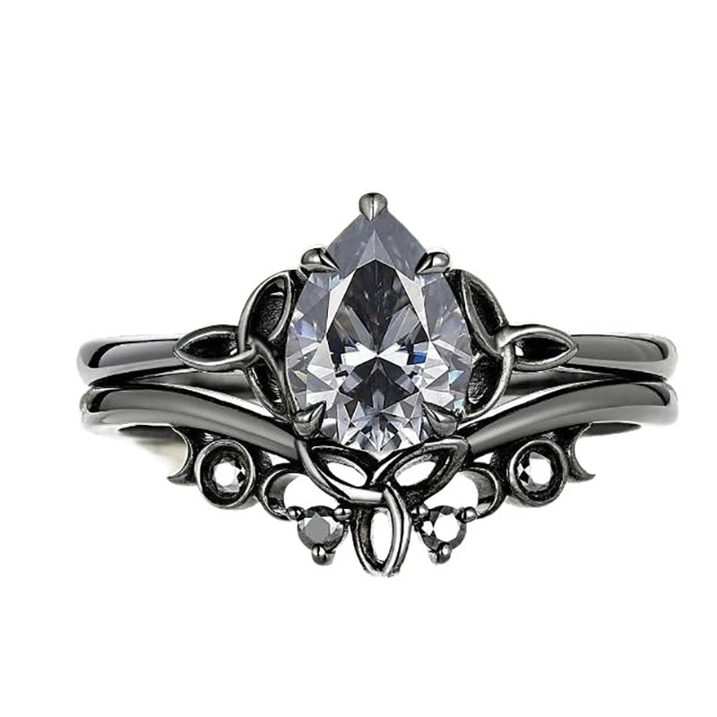 Lot de 2 bagues vintage noires empilables avec zircone cubique taille poire, bague de fiançailles style gothique punk, bijou de mariage.