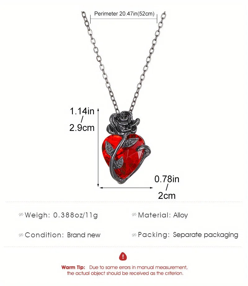 Gothic Black Rose & Red Stone Heart Pendant Necklace