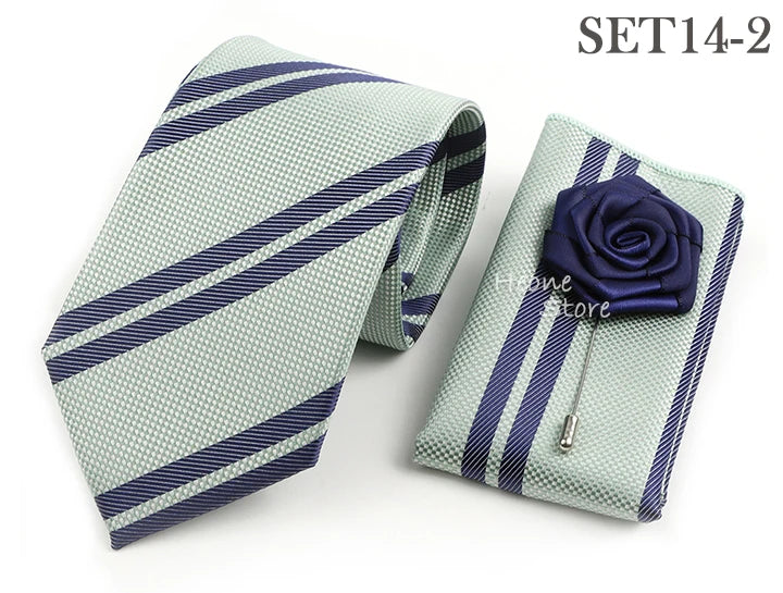 Men's Striped Necktie, Pocket Square & Brooch Set | Groom & Groomsmen Wedding Accessory