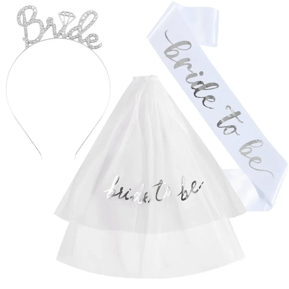 Ensemble de 3 accessoires de fête de mariage pour mariée avec écharpe, diadème et voile pour les décorations de fête prénuptiale et d'enterrement de vie de jeune fille