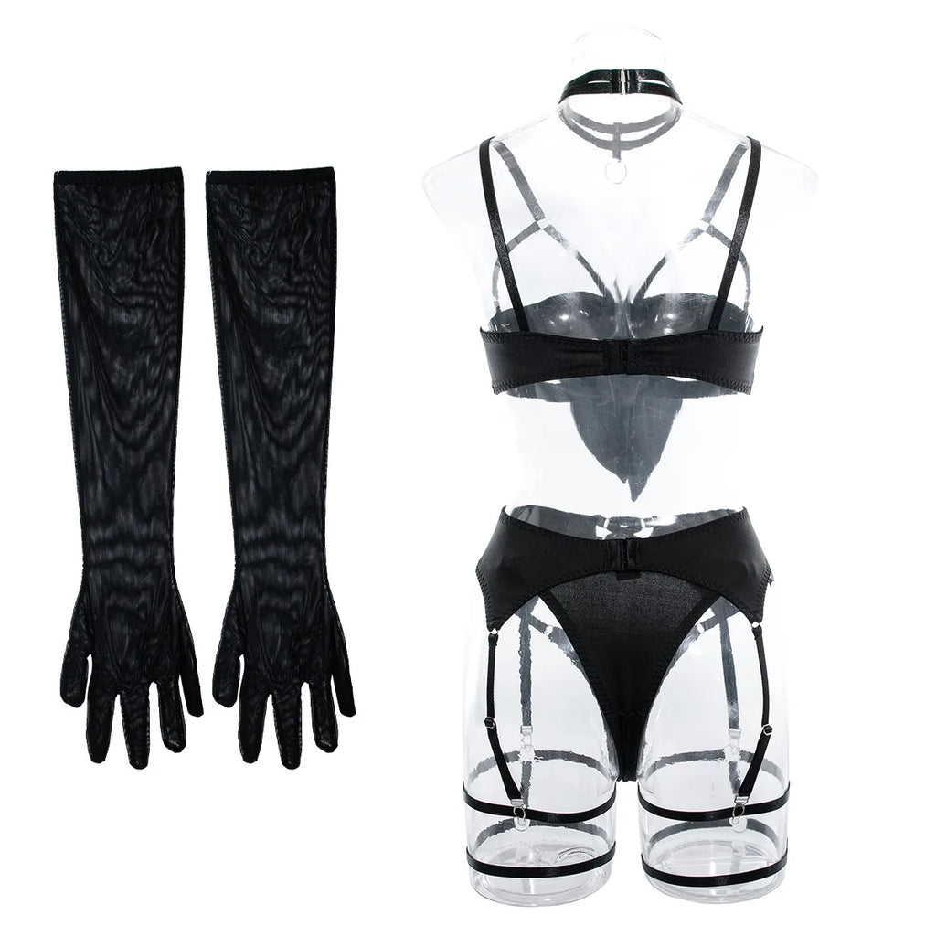Ensemble de lingerie sexy - Soutien-gorge à nœud, Ensemble de soutien-gorge noir tentation, Ensemble quatre pièces sous-vêtements femme avec ceinture et découpes, Nuisette érotique