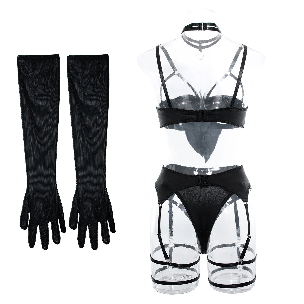 Ensemble de lingerie sexy - Soutien-gorge à nœud, Ensemble de soutien-gorge noir tentation, Ensemble quatre pièces sous-vêtements femme avec ceinture et découpes, Nuisette érotique