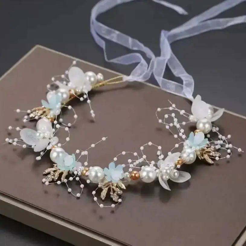 Accessoire de mariage Couronne de mariée Bijoux de cheveux en cristal Tiare avec perles Fleurs Couronne de mariage Bandeau floral de mariée avec perles