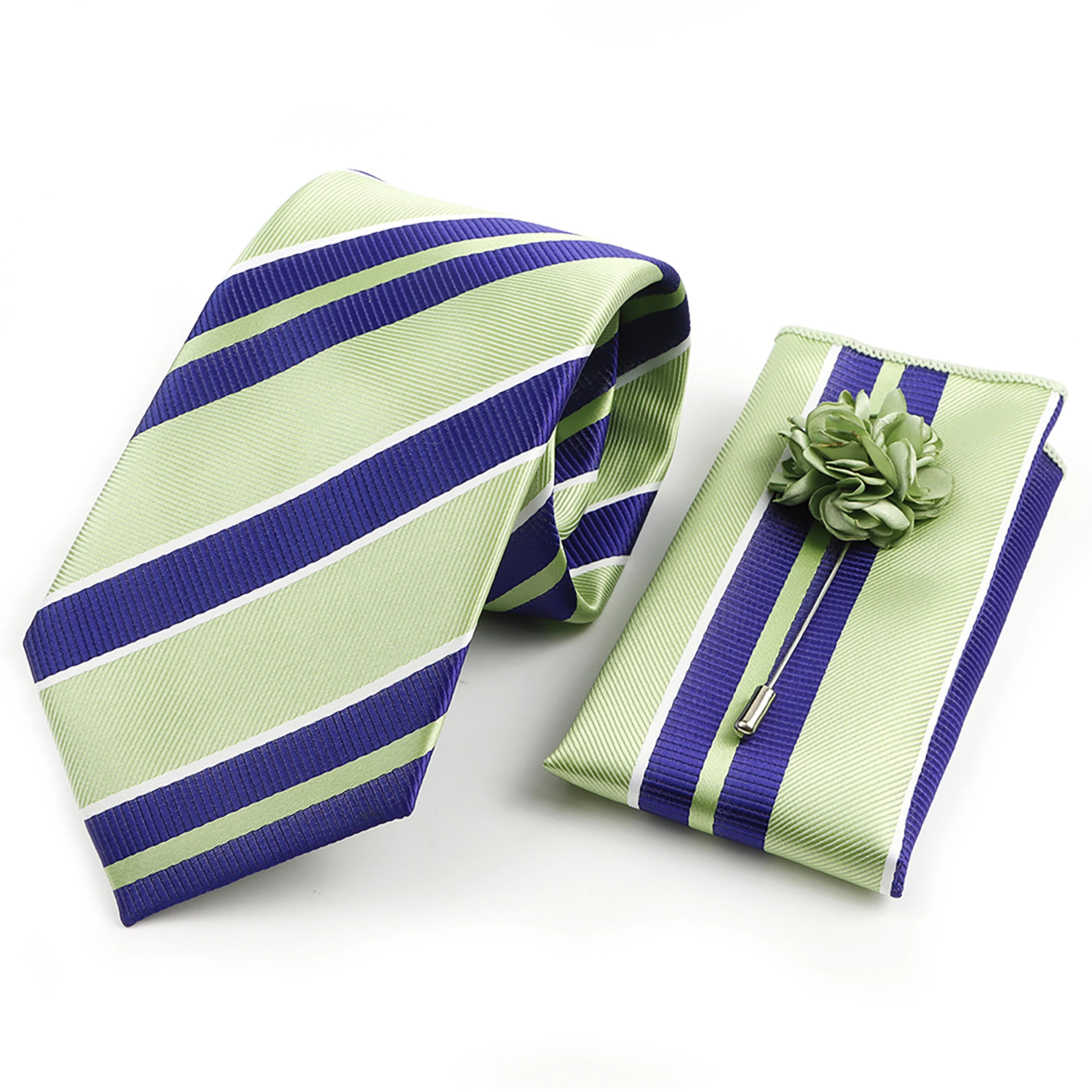 Men's Striped Necktie, Pocket Square & Brooch Set | Groom & Groomsmen Wedding Accessory