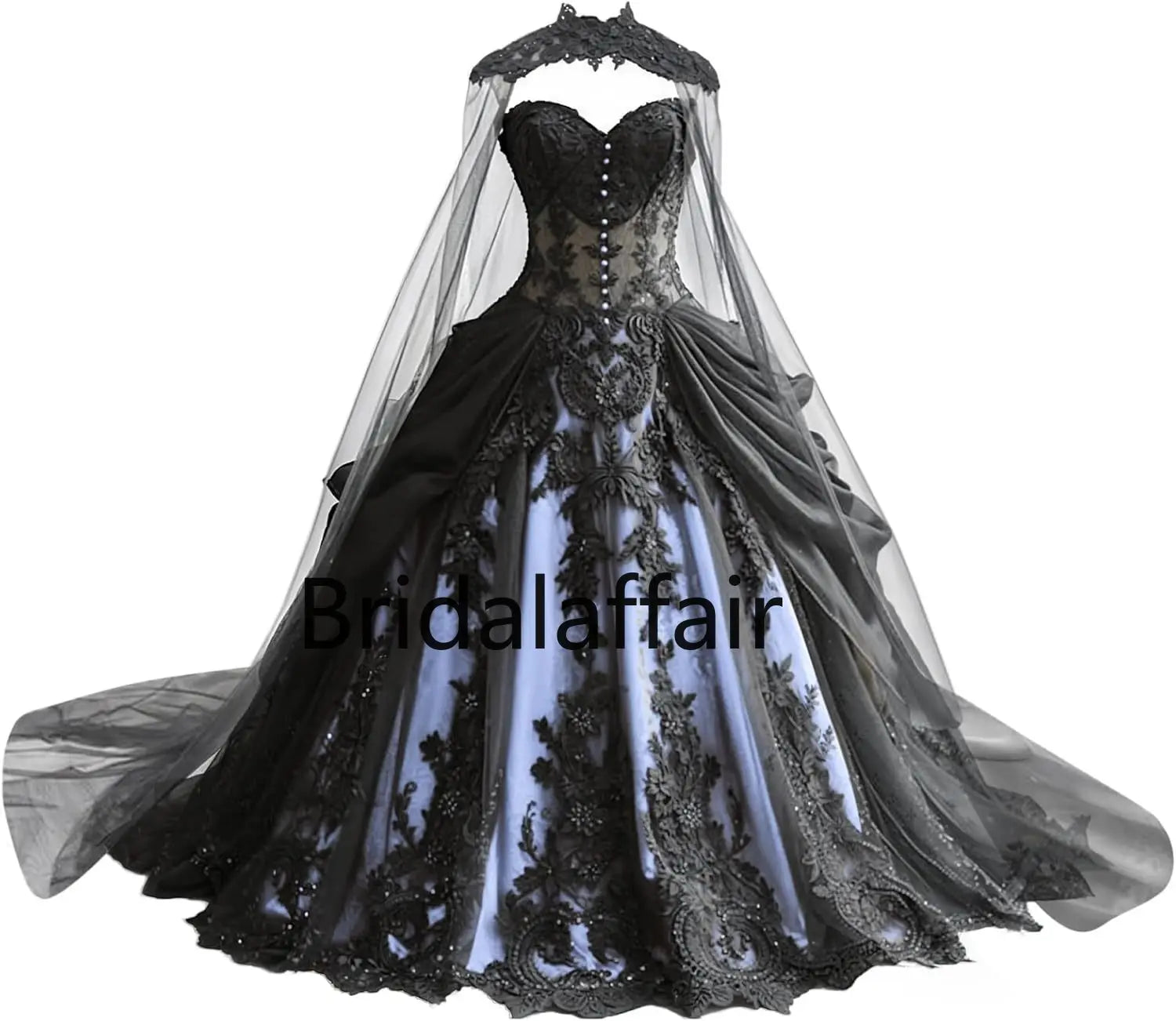 Robes de mariée gothiques pour la mariée Robes de mariée en dentelle noire appliquées Robes de mariée en tulle étagé brodées avec cape