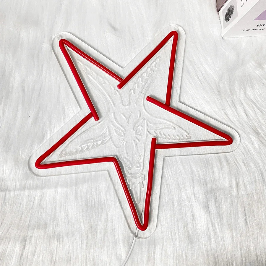 Bar Neon Art Wall Decor for Room Gothic Three-dimensional Carved Lamb and Inverted Baphomet Home Sign Five-pointed Beauty Star
