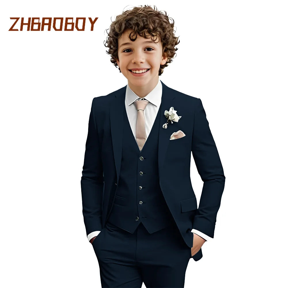 Costume Garçon 3 Pièces Coupe Slim Smoking Enfant Tenue de Mariage Formelle Ensemble Blazer Gilet Pantalon