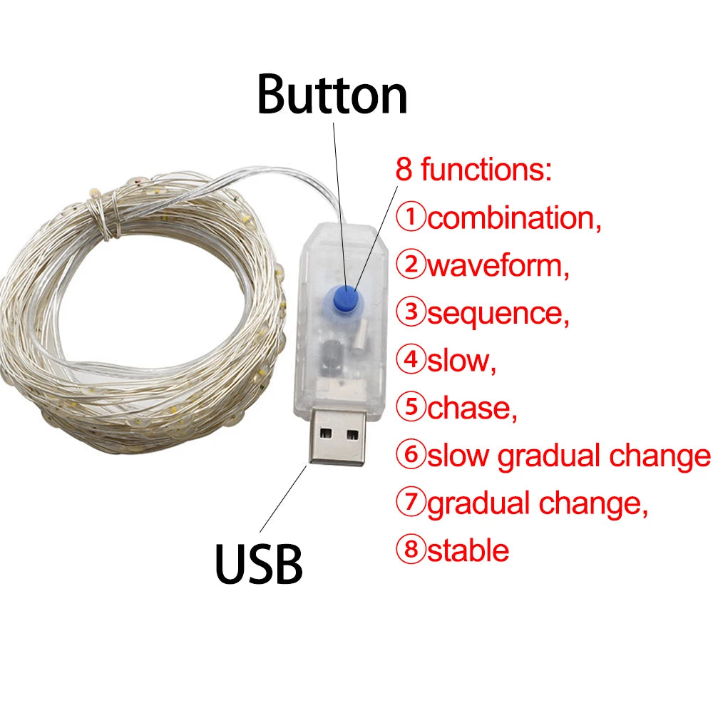 Guirlande Lumineuse LED USB, Fil de Cuivre, Éclairage Féérique, Lumières d'Ambiance pour Fêtes, Mariages, Noël, Décoration Extérieure.