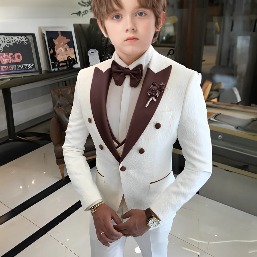 Costume jacquard blanc pour garçons, costume trois pièces pour mariage, smoking enfant 2025, nouveau design, veste, pantalon, gilet, robe sur mesure