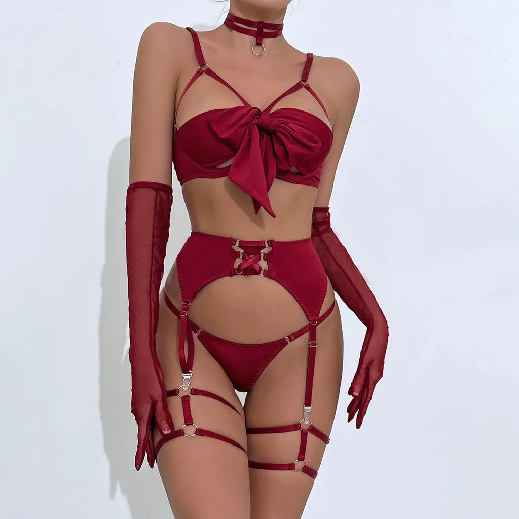 Ensemble de lingerie Ellolace Nœud Papillon Soutien-gorge Ouvert en Soie Sous-vêtements Sissy Bilizna Non Censurée Pornographie Sensuelle Intime Jarretière Strings Tenues Sexy