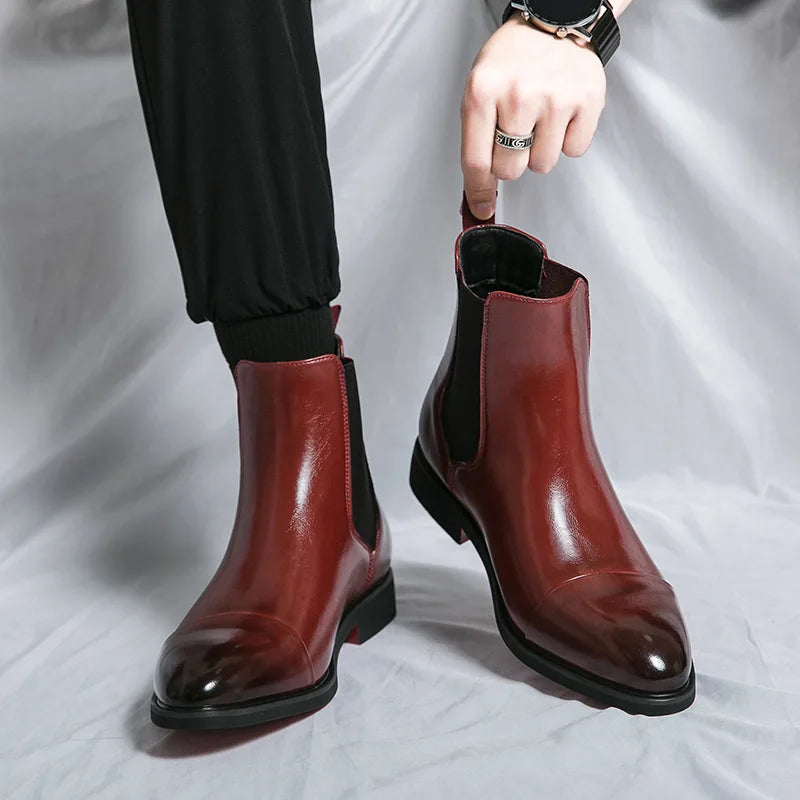 Bottes pour hommes Bottines d'affaires Semelle rouge Bout pointu Bottes habillées Chaussures montantes en cuir de style britannique Chelsea pour hommes décontractées à enfiler