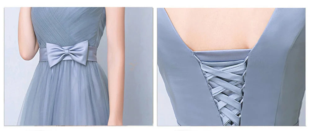 Élégante Robe de Demoiselle d'honneur Gris Bleu Simple 4 styles sans Manches Femme Classique Tulle Ceinture Satin Lacets Nœud Robe de Bal Ligne A
