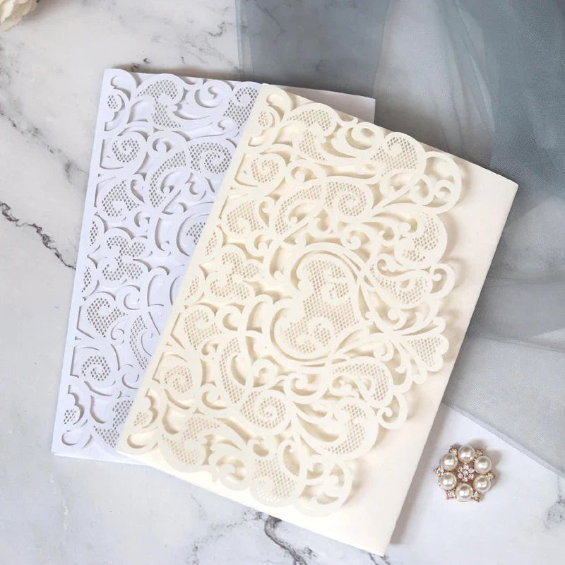 6 Pièces/Lot 3D Pop Up Mariés Ivoire Carte d'invitation de mariage Laser Poche Florale Douche nuptiale Invitations de fiançailles