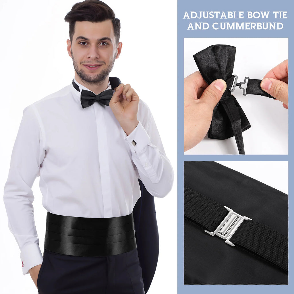 3Pcs Men's Cummerbund Bow Tie Pocket Handkerchief Set Adjustable Smooth Polyester Suit Accessory Prom Wedding Formal Party