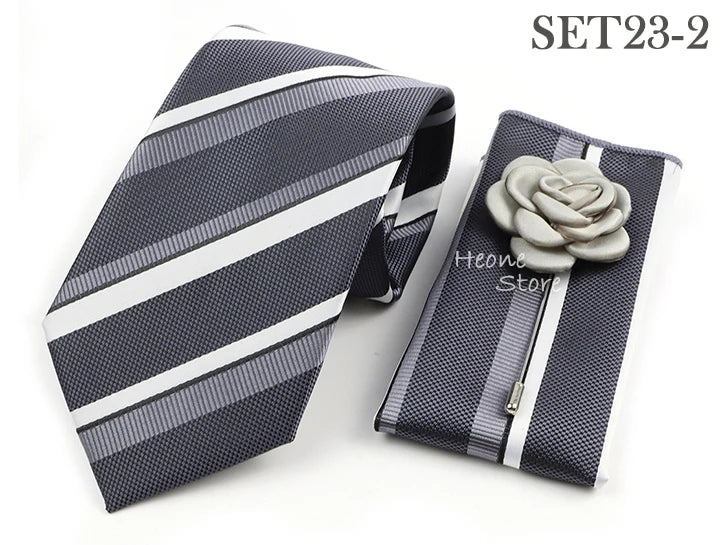 Men's Striped Necktie, Pocket Square & Brooch Set | Groom & Groomsmen Wedding Accessory