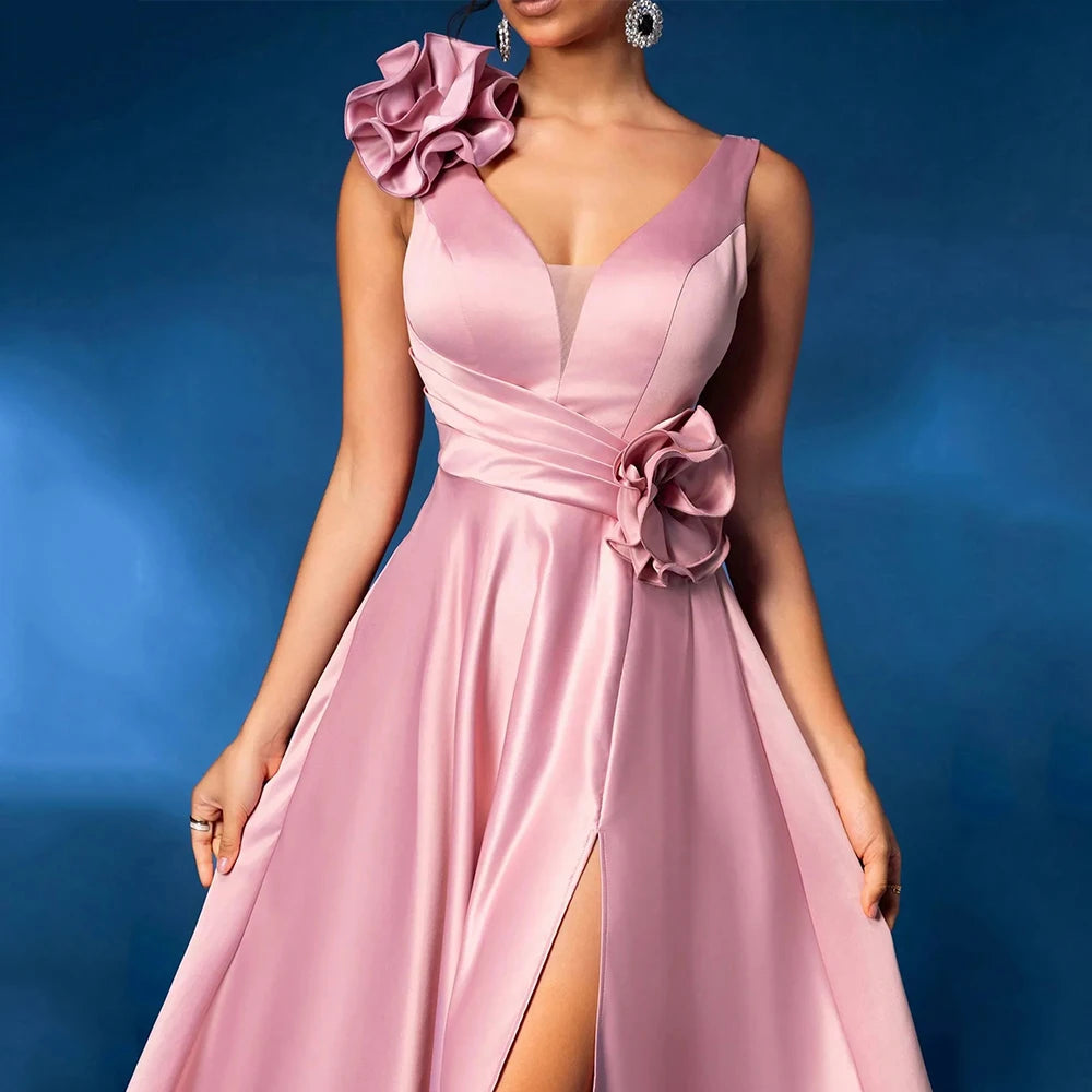 DRESS FORU Robes de Soirée Élégantes en Satin Longueur Ras du Sol Col en V sans Manches Robe de Bal Fleurie Vestidos De Fiesta Personnalisée