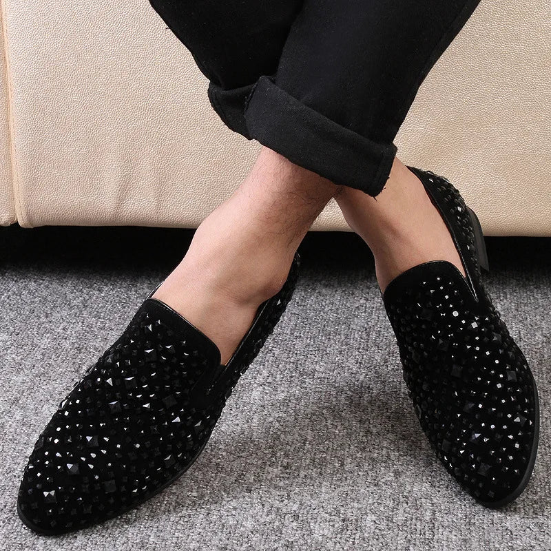 Chaussures habillées pour hommes de luxe à bout pointu, mocassins noirs, en jean, à paillettes métalliques, chaussures de mode de haute qualité pour hommes, chaussures de mariage, nouveauté