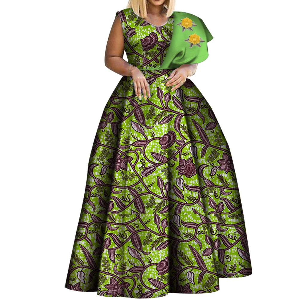 Bintarealwax Robes africaines Dashiki imprimées Bazin Robe de soirée asymétrique Robes africaines grande taille pour femmes WY3834
