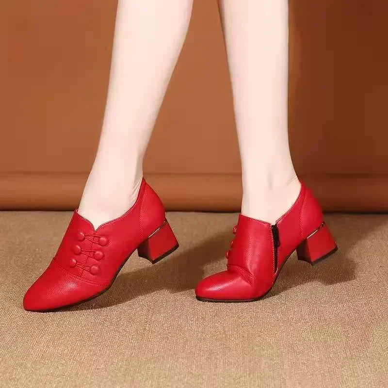 Women's Boots 2025 New Casual Leather Shoes for Women Comfort Office Low Boots Pointed Toe Ladies High Heels Red Wedding Shoes
