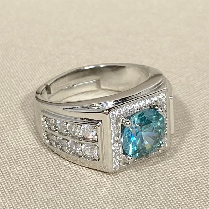 Bague de mariage ajustable ouverte pour homme en zircon bleu-vert pleine pavé, bijou tendance hipster pour le marié