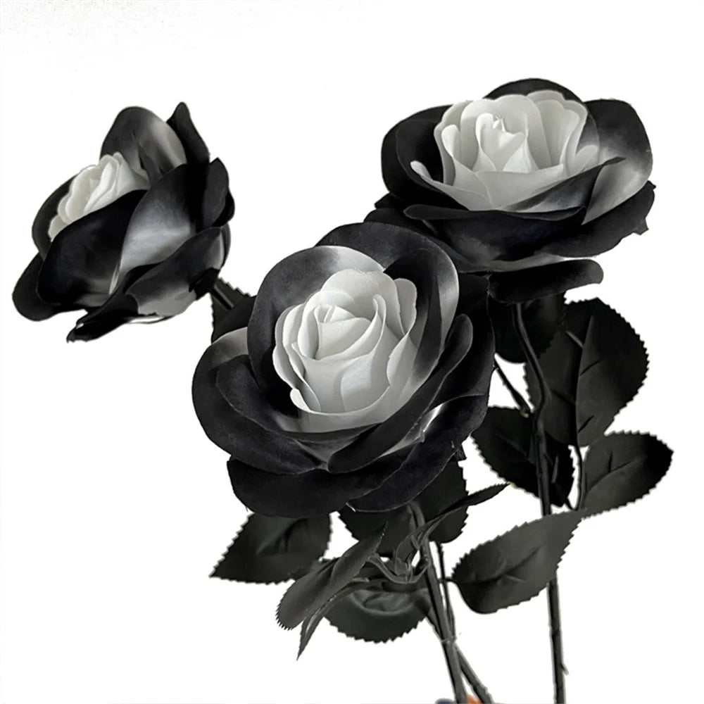 Halloween Black Artificial Rose Flowers Dark Horror Gothic Black Simulated Flower Bouquet for Home Wedding Party Halloween Decor