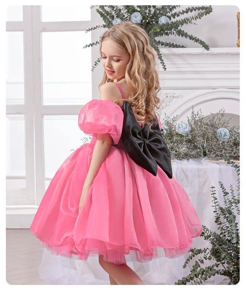 Robe gothique noire pour bébé fille de 4 à 8 ans, pour occasions formelles, manches bouffantes, robe de princesse pour fête d'anniversaire d'enfants avec nœud rose élégant
