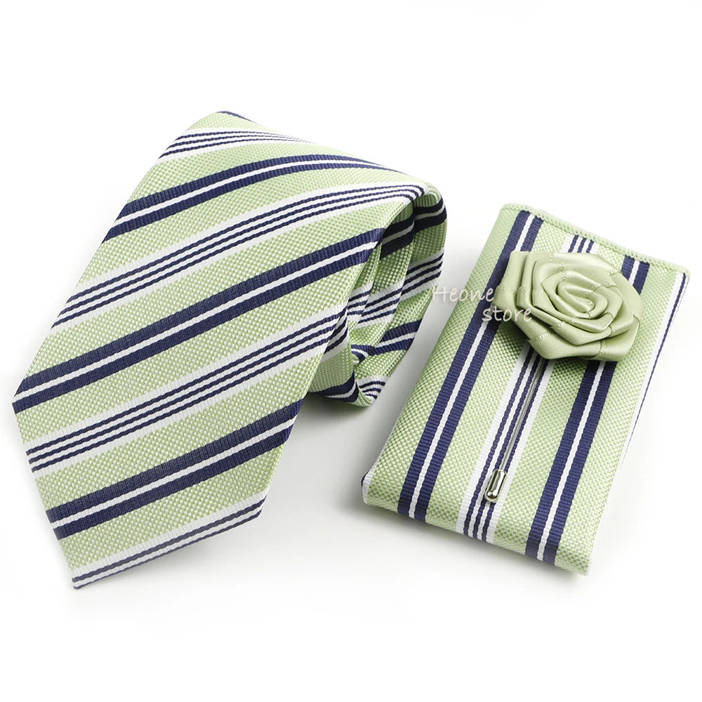 Men's Striped Necktie, Pocket Square & Brooch Set | Groom & Groomsmen Wedding Accessory