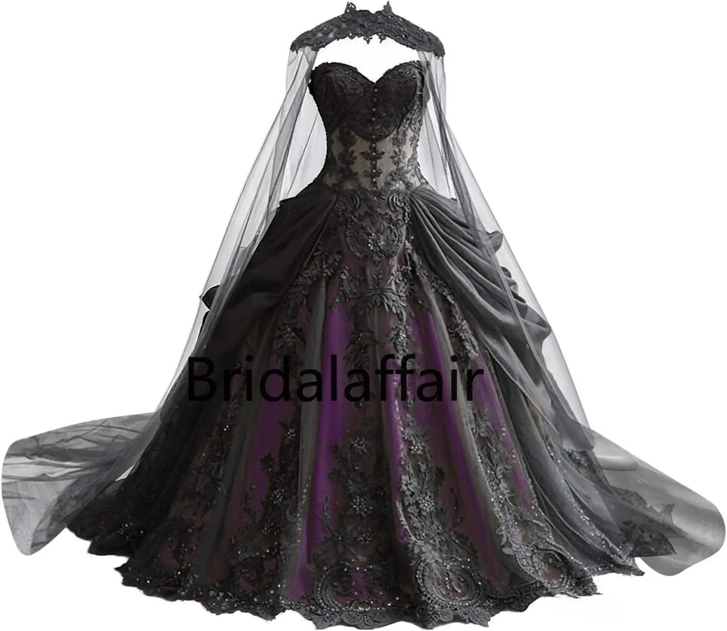 Robes de mariée gothiques pour la mariée Robes de mariée en dentelle noire appliquées Robes de mariée en tulle étagé brodées avec cape