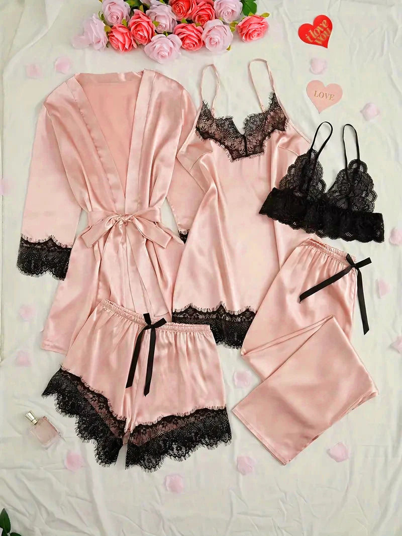 Ensemble de pyjama en satin pour femme, rose, lingerie sexy, robe de chambre, patchwork en dentelle, nuisette en soie, pantalon, vêtements de nuit pour la maison