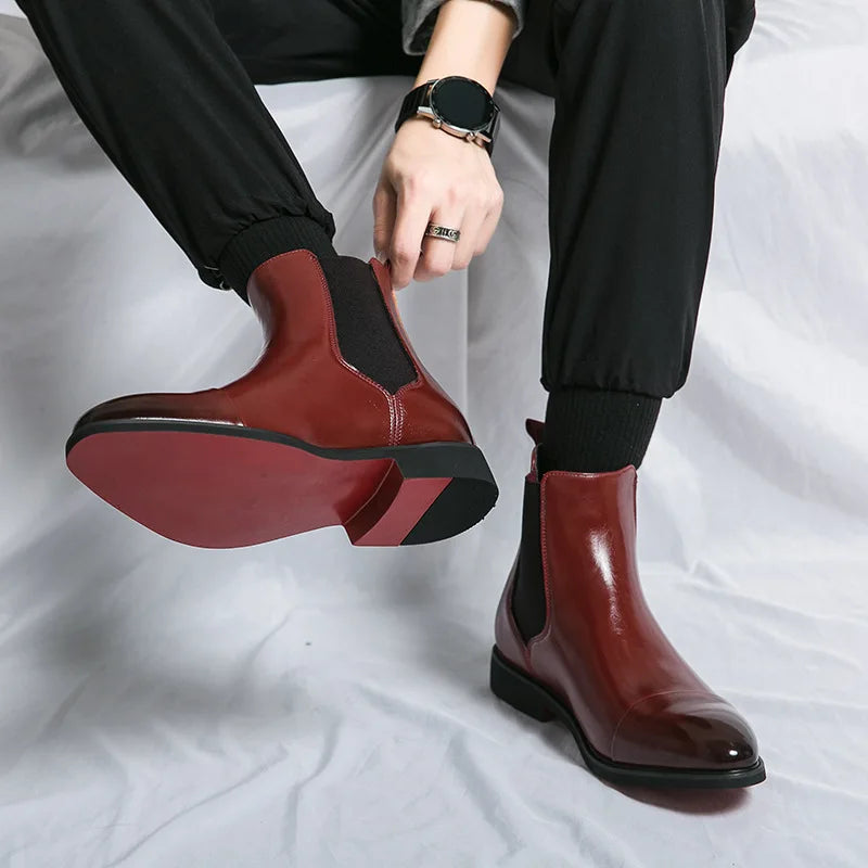 Bottes Cheville Homme Affaires Semelle Rouge Bout Pointu Bottines Habillées Britanniques Chaussures Hautes en Cuir Décontractées Chelsea Homme à Enfiler