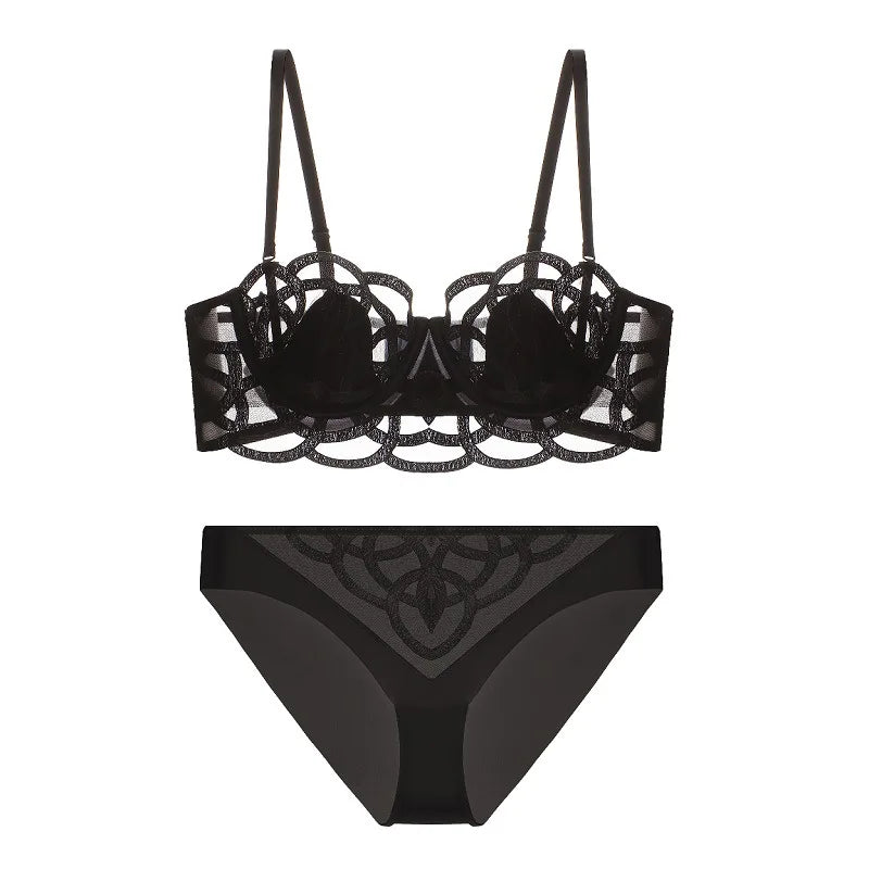 CINOON Lingerie sexy brodée pour femme Ensemble soutien-gorge push-up en dentelle fine et transparente + porte-jarretelles + string, ensemble de 3 pièces de lingerie française