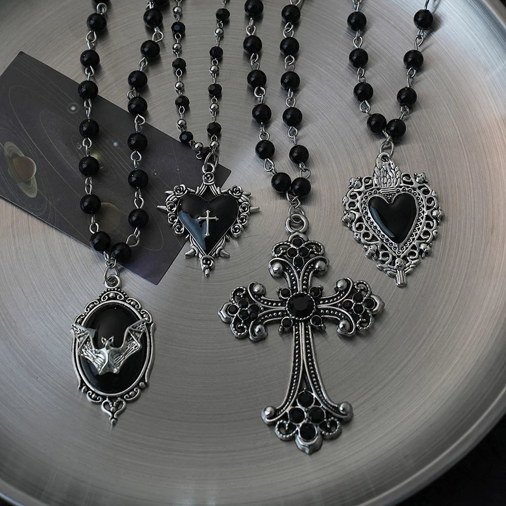 Gothic Bat & Cross Stacked Necklace Set — Y2K Dark Style