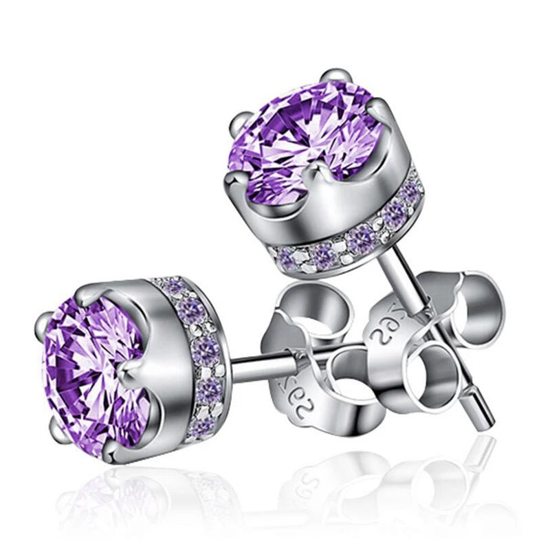 Natural Amethyst Crown Stud Earrings — 925 Sterling Silver