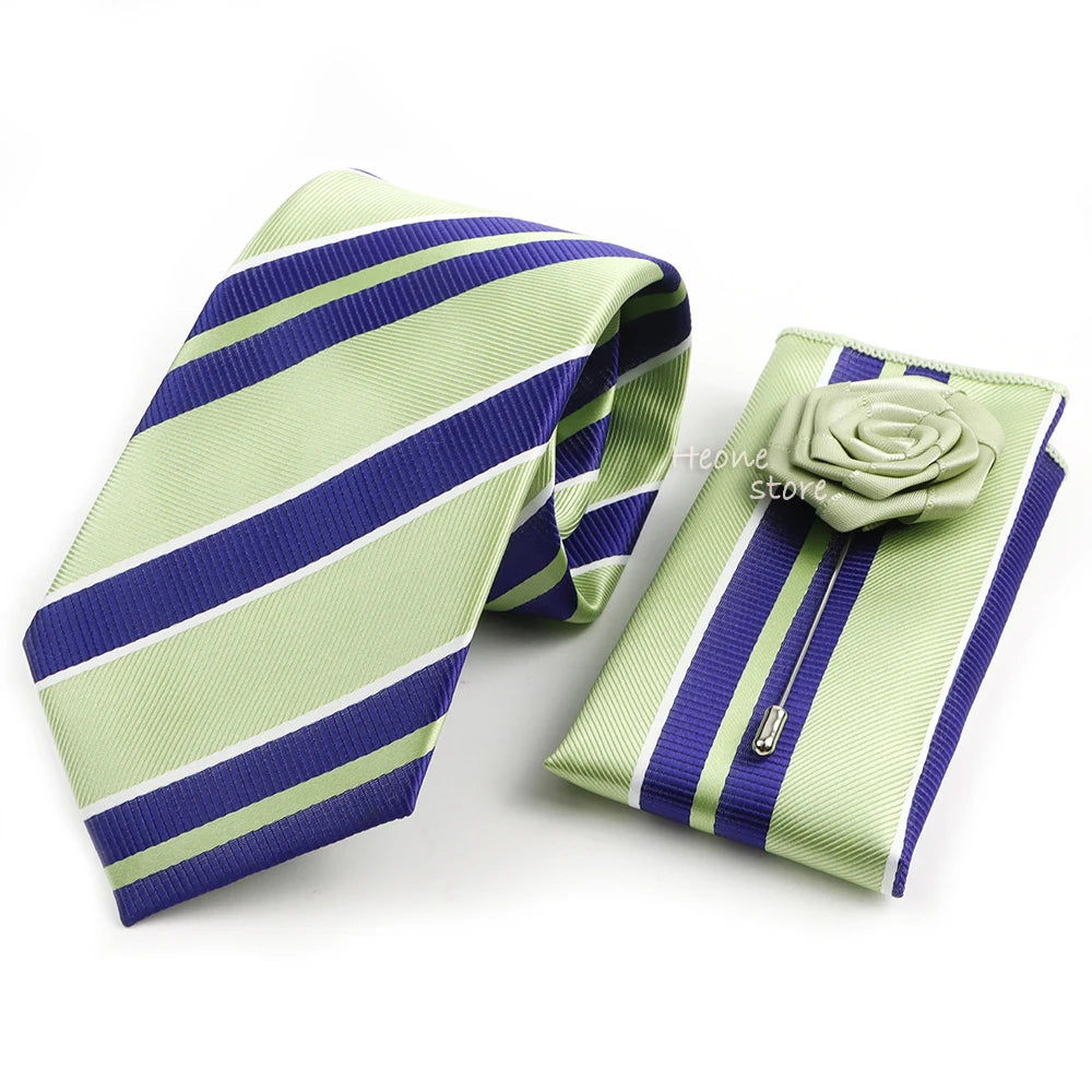 Men's Striped Necktie, Pocket Square & Brooch Set | Groom & Groomsmen Wedding Accessory