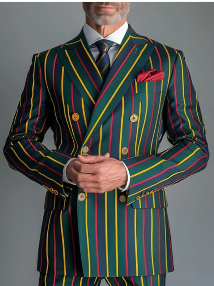 Men's Double-Breasted Contrast Stripe Suit – Slim Fit Groom & Groomsmen Tuxedo