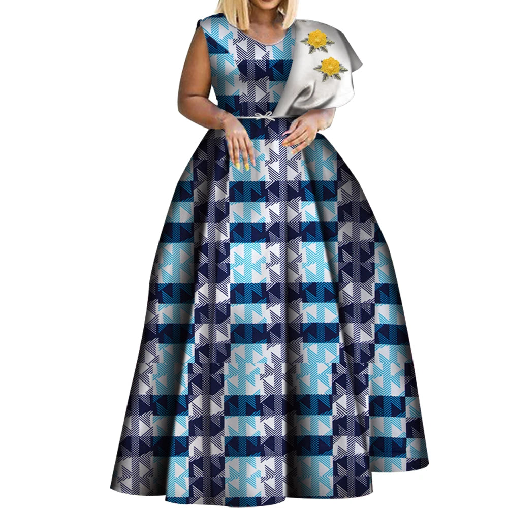 Bintarealwax Robes africaines Dashiki imprimées Bazin Robe de soirée asymétrique Robes africaines grande taille pour femmes WY3834