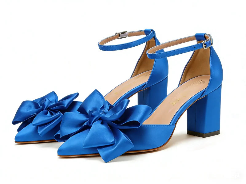 New Leather Solid Snow White Wedding Banquet Ball Thick Heel Pointed Hollow High Quality BowKnot High Heel Sexy Women's Shoes