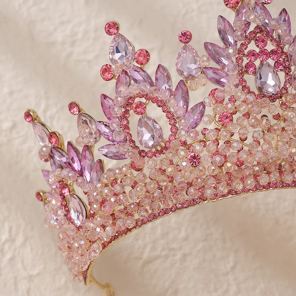 Accessoires de cheveux de mariage colorés roses, coiffe de concours de beauté, diadème de mariée Fait à la main en CRISTAL coloré avec perles