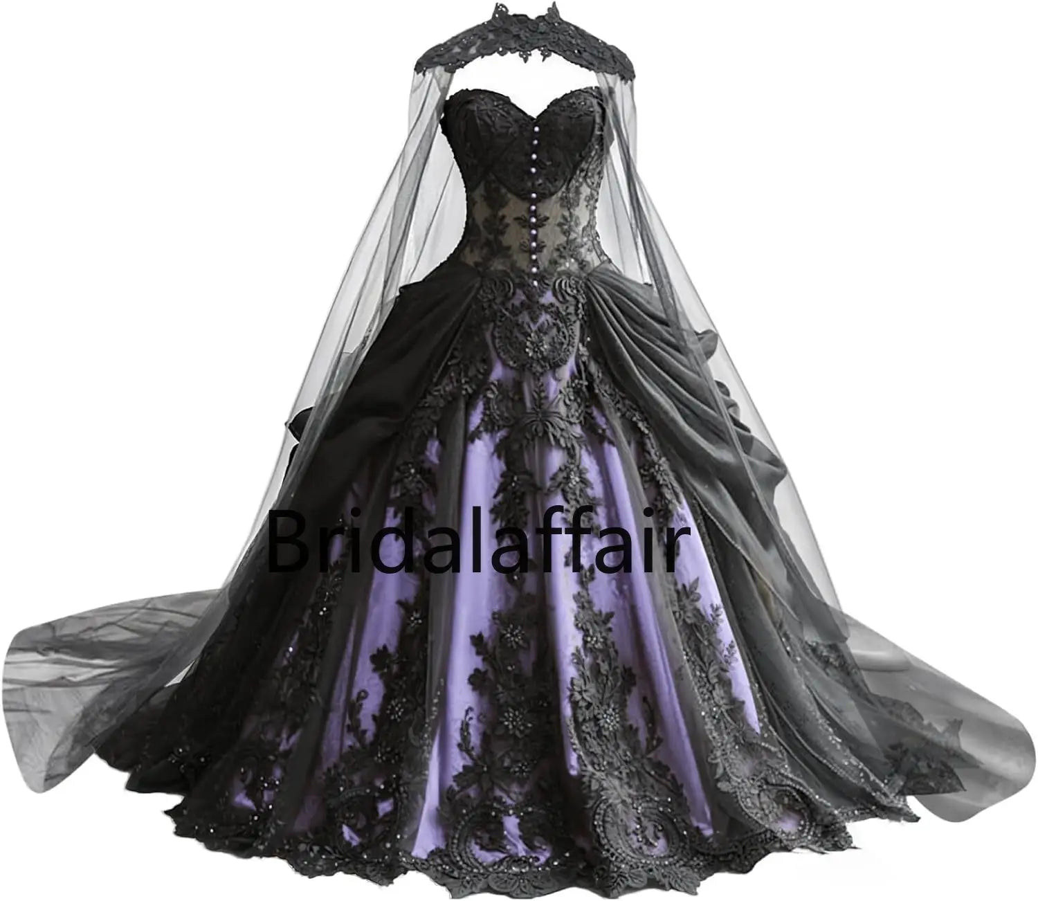 Robes de mariée gothiques pour la mariée Robes de mariée en dentelle noire appliquées Robes de mariée en tulle étagé brodées avec cape