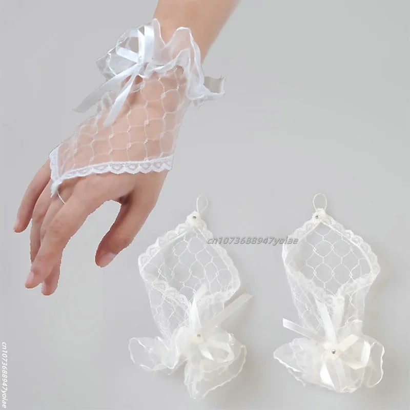 Gants courts noirs gothiques pour femme Harajuku, dentelle, mariage, Halloween, robe lolita, gaze filet, nœud, manche, gants résille