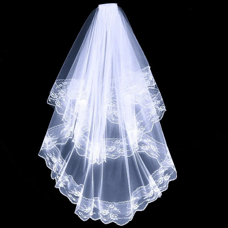 Voile de Mariée d'Halloween pour Femme avec Bord en Dentelle Voile de Mariage en Tulle 2 Niveaux