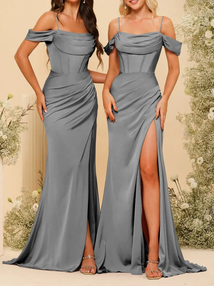 Robes longues de demoiselle d'honneur en satin à fines bretelles, épaules dénudées, fente latérale et drapé, robes de soirée élégantes sans dos