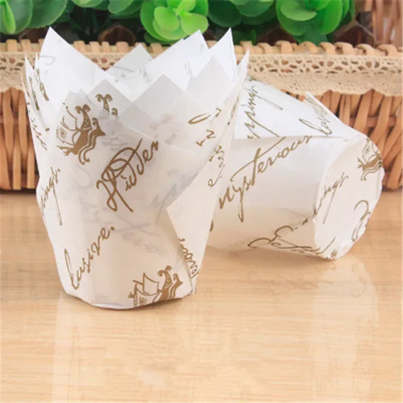 50x caissettes à cupcake de style journal, pour pâtisserie, mariage, caissettes tulipe, moule à muffins, papier sulfurisé, emballage de gâteau résistant à l'huile