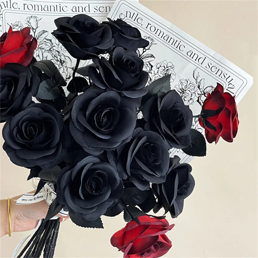Halloween Black Artificial Rose Flowers Dark Horror Gothic Black Simulated Flower Bouquet for Home Wedding Party Halloween Decor